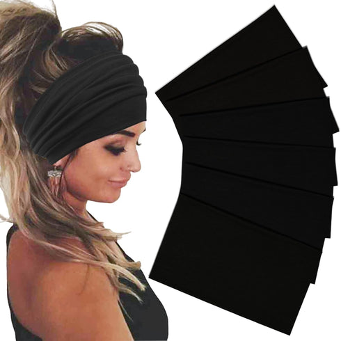 Wide Stretch Headbands for Women, Boho Hair Bands, Turban Workout Hairband, Black 6 Pack