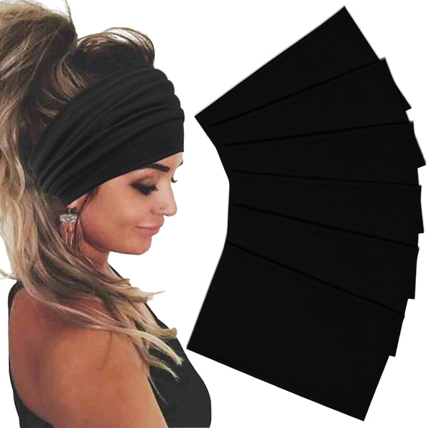 Wide Stretch Headbands for Women, Boho Hair Bands, Turban Workout Hairband, Black 6 Pack
