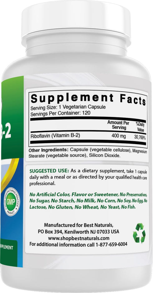 Best Naturals Vitamin B2 (Riboflavin) 400mg - Migraine Relief, Veggie Capsules, 120 Count (Pack of 2)