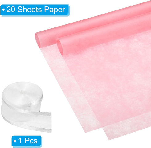 PATIKIL 22.8"x22.8" Pink Flower Wrapping Paper, 20 Sheets Non-Woven Waterproof Floral Bouquet Wrap with 1 Roll Ribbon