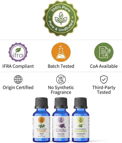 Hikona Heka Set 100% 1 oz 3-Pack Essential Oils for Diffusers Lavender, Palmarosa & Niaouli, Pure Undiluted Essential