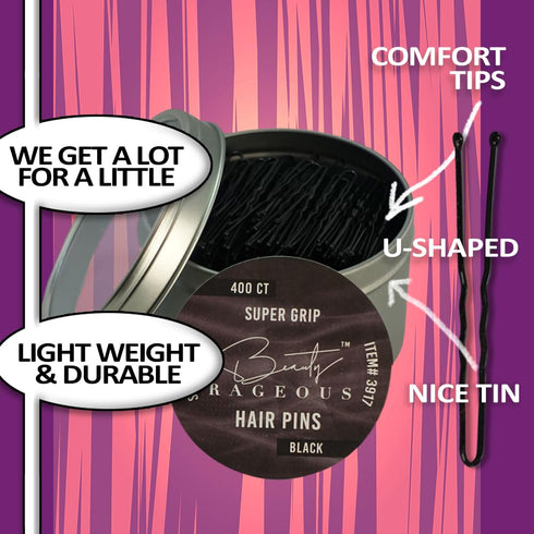 Super Grip U-Shaped Hair Pins - Approx 400 Ct - Handy Reusable Tin (Black)