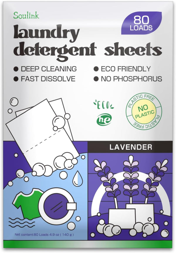 Soulink Laundry Detergent Sheets, Eco Friendly, Up to 80 Loads, Liquidless Soap Strips, Hypoallergenic, Safe for