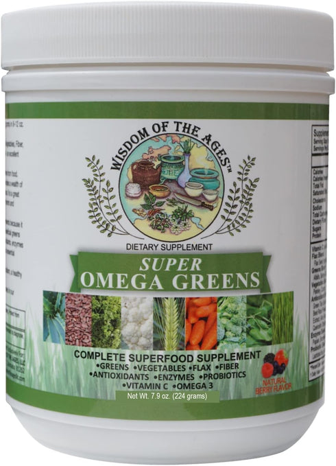 Super Omega Greens Complete Superfood Supplement with Greens, Vegetables, Flax, Fiber, Antioxidants, Enzymes,