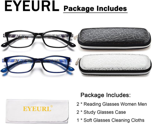 EYEURL Computer Blue Light Blocking Glasses 2 Pack, Fashion Rectangular Eyeglasses Frame for Women Men