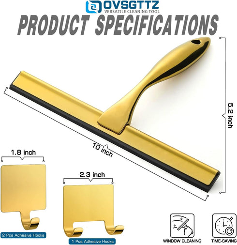 Stainless Steel Shower Squeegee for Glass Door, 10 Inch Clear with 3 Adhesive Hooks for Bathroom
