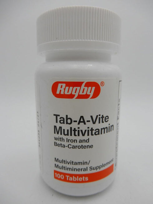 Rugby Tab-A-Vite Multivitamin with Iron and Beta-Carotene - 100 Tablets for Daily Nutritional Support.