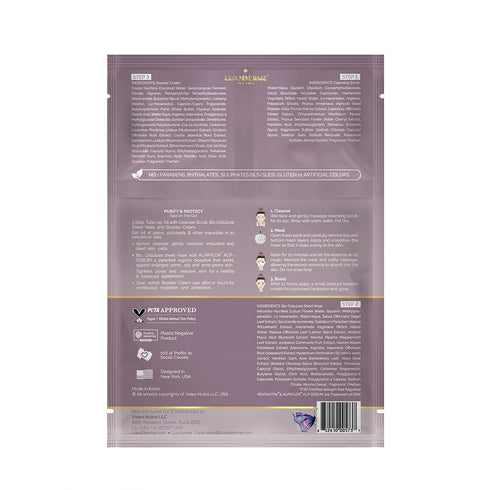 LuxaDerme Purify & Protect 3 Step Tune-Up Kit - Cleansing Scrub, Bio Cellulose Sheet Mask, Booster Cream (Pack of 5)