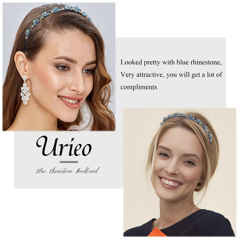 Urieo Thin Rhinestone Headband, Bling Crystal Hairband, Vintage Parties Hair Accessory for Women (Blue)