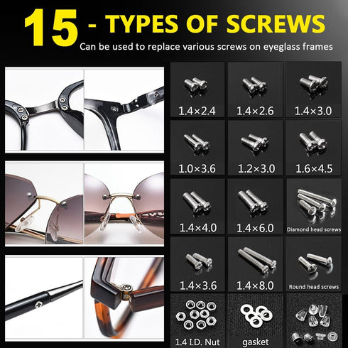 PTSLKHN Eyeglass Repair Kit, 15 Types Screws for Eyeglasses, Essential Tool for Frame, Hinge, and Nose Pad Repairs