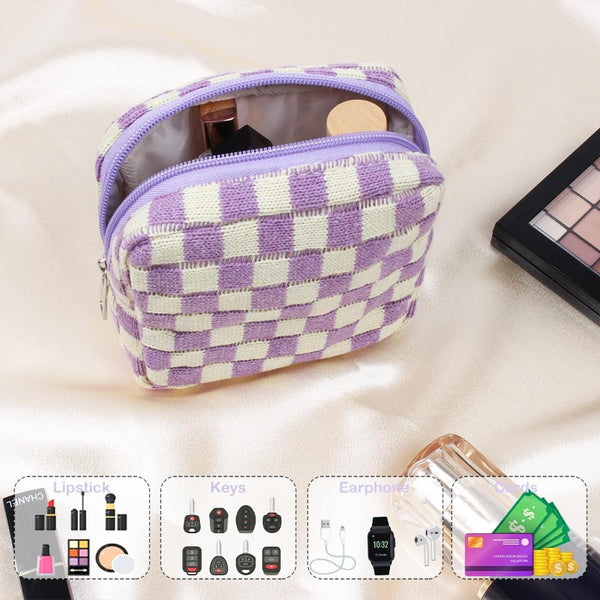 Small Makeup Bag for Purse, Mini Checkered Cosmetic Zipper Pouch, Travel Organizer for Women and Girls