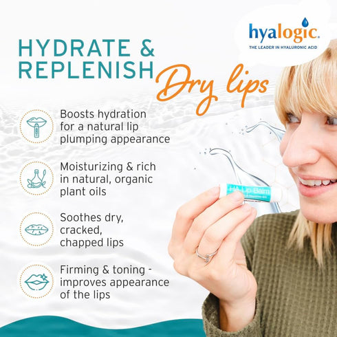 Hyalogic HA Lip Balm - Unflavored, 4.25g Stick - Hyaluronic Acid & Organic Coconut Oil for Dry Lips