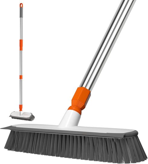 BITOPE Multi Purpose Floor Scrubber Brush with Long Handle, 12" Hard Bristle Brush for Heavy-Duty Cleaning
