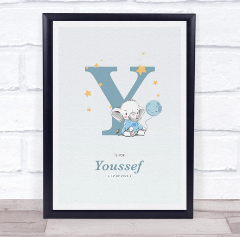 The Card Zoo New Baby Birth Details Christening Nursery Blue Elephant Initial Y Gift Print