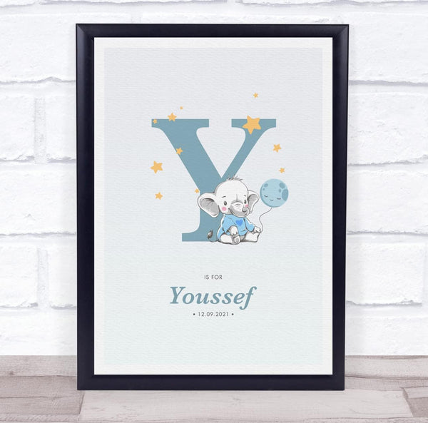 The Card Zoo New Baby Birth Details Christening Nursery Blue Elephant Initial Y Gift Print