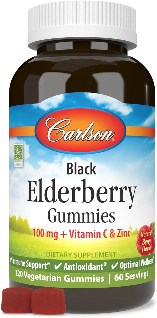 Carlson Black Elderberry Gummies with Vitamin C & Zinc, Immune Support, 120 Gummies