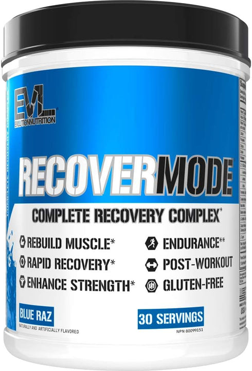 Evlution Nutrition Recover Mode, Complete Post Workout with BCAAs, 30 Serve, Blue Raz