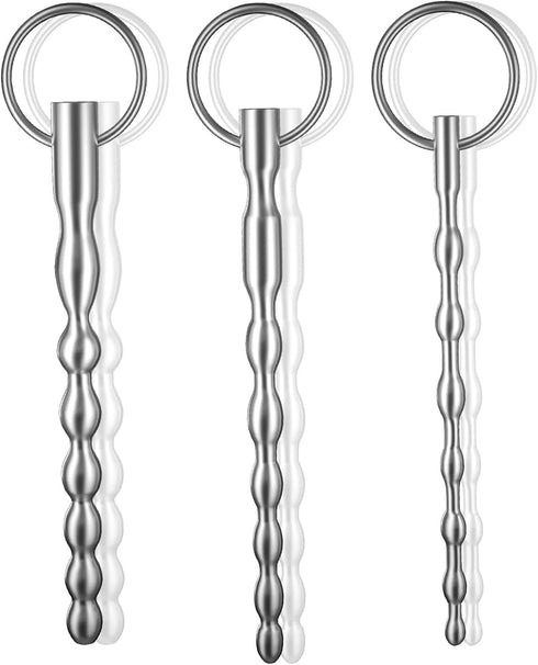 Jongait Set 3 Urethral Sounds - PCS Stainless Steel Bumpy Penis Plug Dilator with Safe Ring - Masturbation Rod Sex Toy