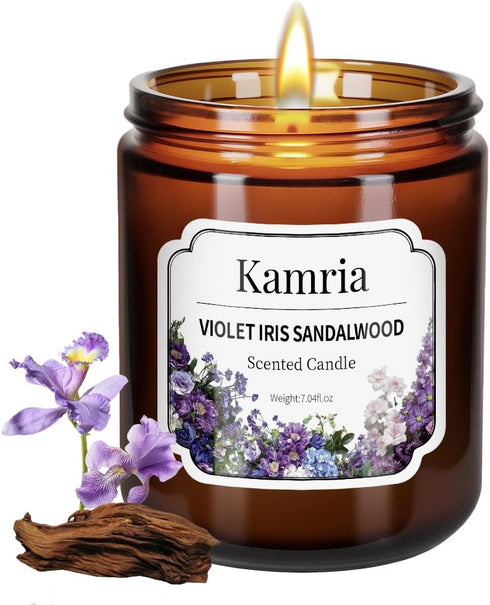 Kamria Violet Iris Sandalwood Candle, Elegant Floral Woody Aromatherapy in Amber Glass Jar,