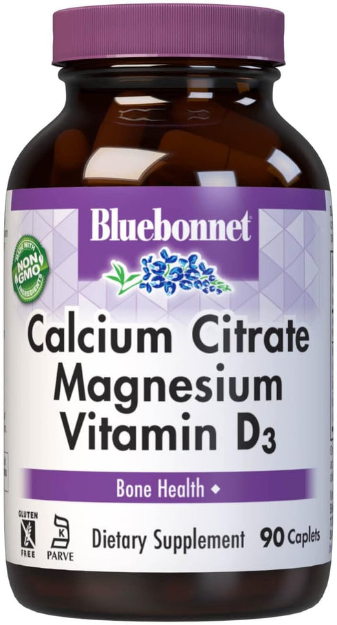 Bluebonnet Nutrition Calcium Citrate Magnesium Plus Vitamin D3 Caplets for Bone Health & Muscle Relaxation - 90 Count,