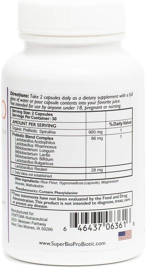 SuperBio Probiotic with Organic Spirulina, Supports Digestive Balance & Daily Wellness