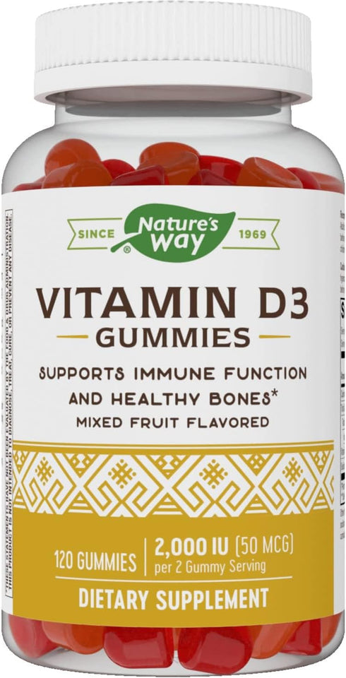 Nature's Way Vitamin D3 Gummies, 120 Gummies, Mixed Fruit Flavored, 2000 IU (50 mcg) per 2-gummy Serving, Supports