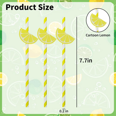 Summer Lemon Paper Straws - Lemon Drinking Straws, DIY Decorative Yellow Striped Citrus Fruit Themed Party Straws
