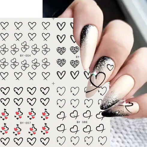 Valentine's Day Nail Art Stickers, Black Heart Water Transfer Decals, Simple Love Design for Women 12Pcs