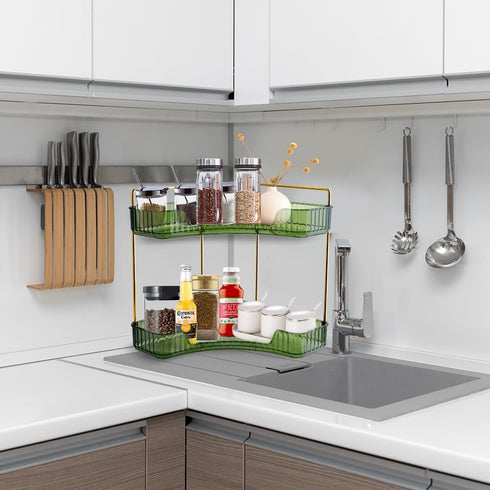 Multifunctional 2-Tier Corner Bathroom Organizer - Skincare Makeup Shelf, Corner Storage for Bathroom Vanity and Kitchen