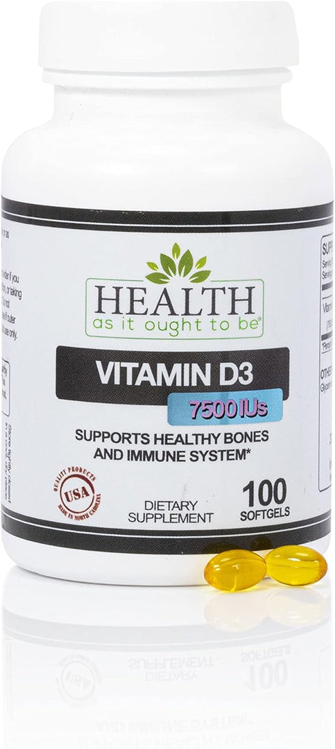 Health As It Ought To Be Vitamin D3, 7500 IUs Supplement, 100 Softgels