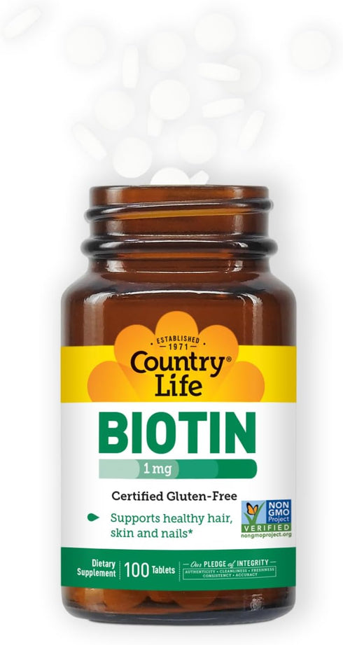 Country Life Biotin 1mg - 100 Tablets, Supports Healthy Hair, Skin & Nails, Certified Gluten Free, Vegan, Halal