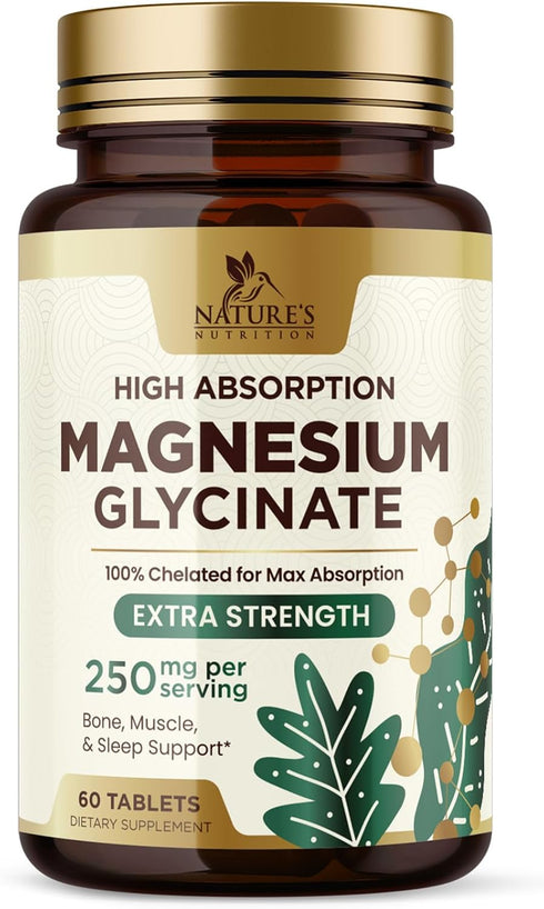 Magnesium Glycinate Supplement 250mg - 60 Tablets High Absorption for Muscle, Heart, Bone Health