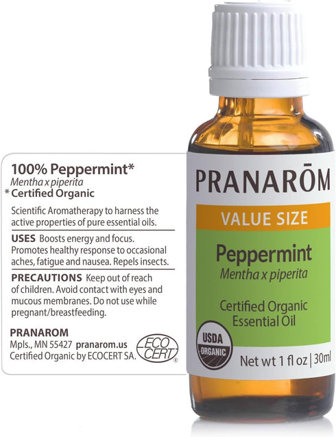 Pranarom USDA Organic Peppermint Essential Oil (30ml), 100% Pure for Aromatherapy, Diffuser & Massage