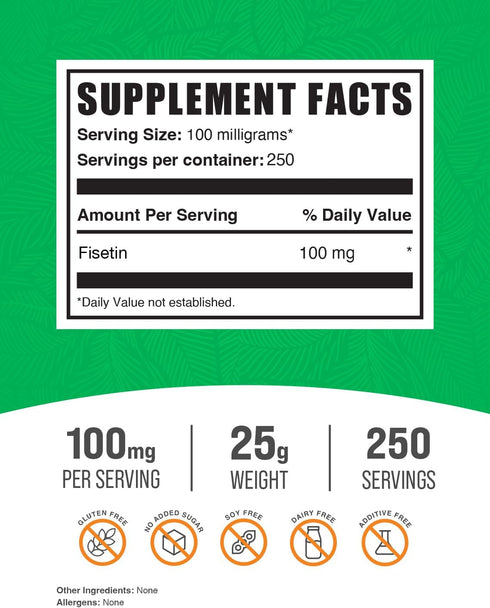 BulkSupplements.com Fisetin Powder, 100mg per Serving, Pure Antioxidant Supplement, Gluten Free, 25g