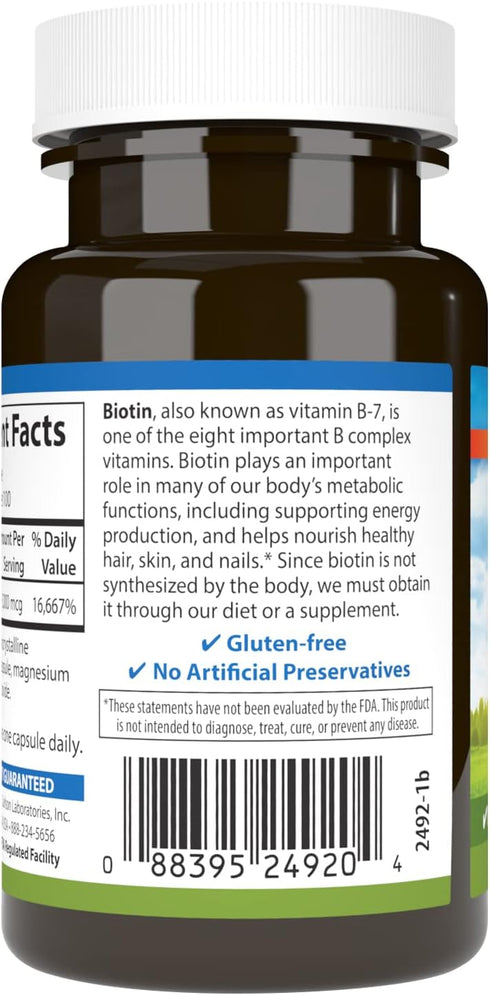 Carlson Biotin 5000 mcg for Healthy Hair, Strong Nails & Energy Production, 100 Capsules