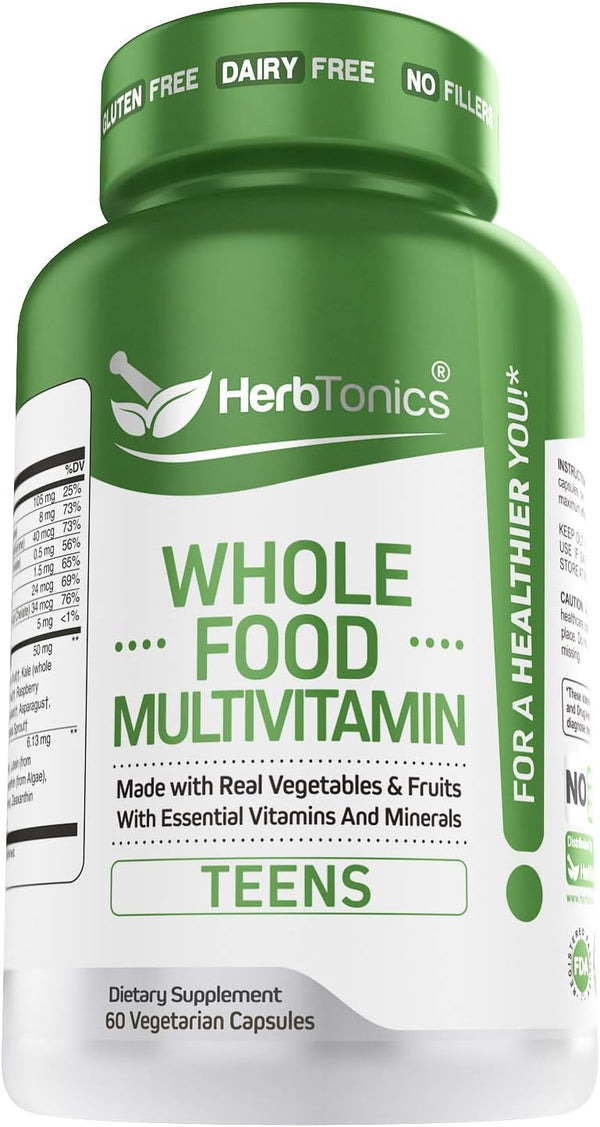 Whole Food Multivitamin for Teens, Plant Based with 62 Superfoods, Vegan & Vegetarian, 60 Capsules