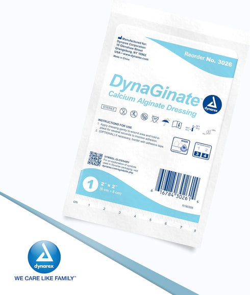 Dynarex DynaGinate Calcium Alginate Wound Dressing, Sterile, Non-Stick, 2"x 2", Box of 10, Absorbent Gel Patches