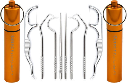 Toothpicks Pocket Set - Reusable Dental Floss Picks Kit, Stainless Steel Teeth Cleaning Tools for Adults, Travel Oral