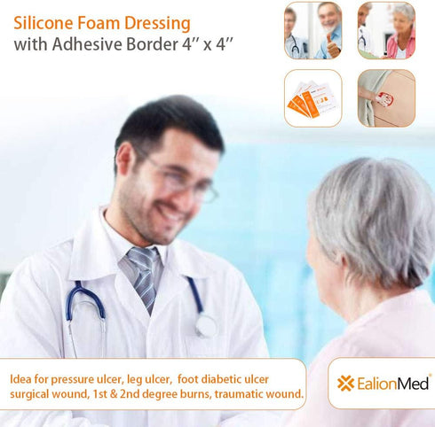 EalionMed Silicone Foam Dressing with Gentle Adhesive Border, 4''x4'', 10 Pack for Bed Sore Wound Bandage