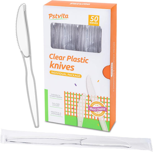 Clear Disposable Plastic Knives, Pack of 50, Individually Wrapped