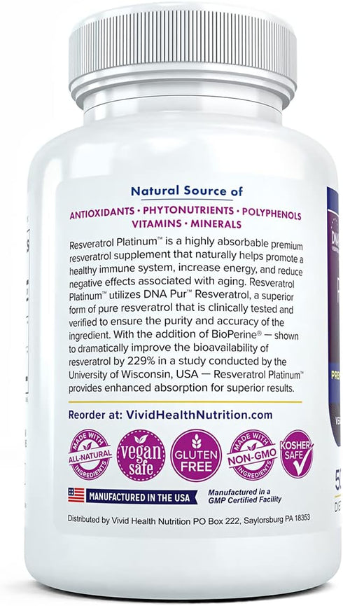 Resveratrol Platinum Antioxidants Supplement - Powerful Anti-Aging Formula, 30 Gluten Free Veggie Capsules