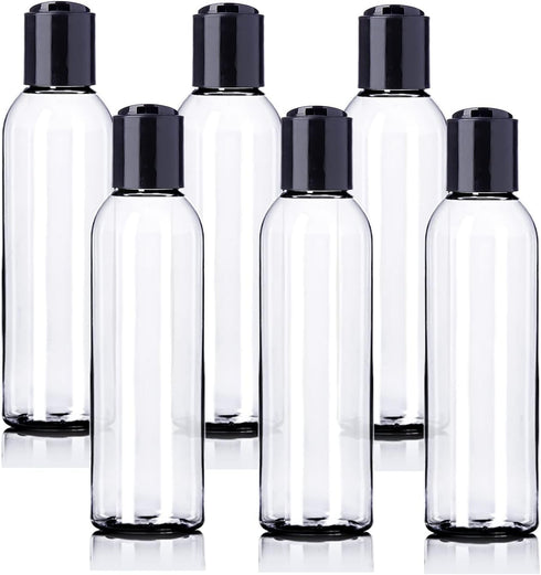 ljdeals 4 oz Clear Plastic Bottles with Black Disc Top Caps, Pack of 6, Refillable Containers for Shampoo, Lotions, BPA