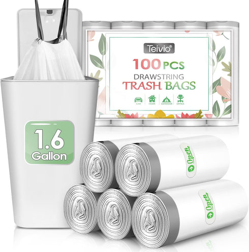 Teivio 1.6 Gallon 100 Count Strong Drawstring Trash Bags, 6 Liter Small Bathroom Bin Liners, White