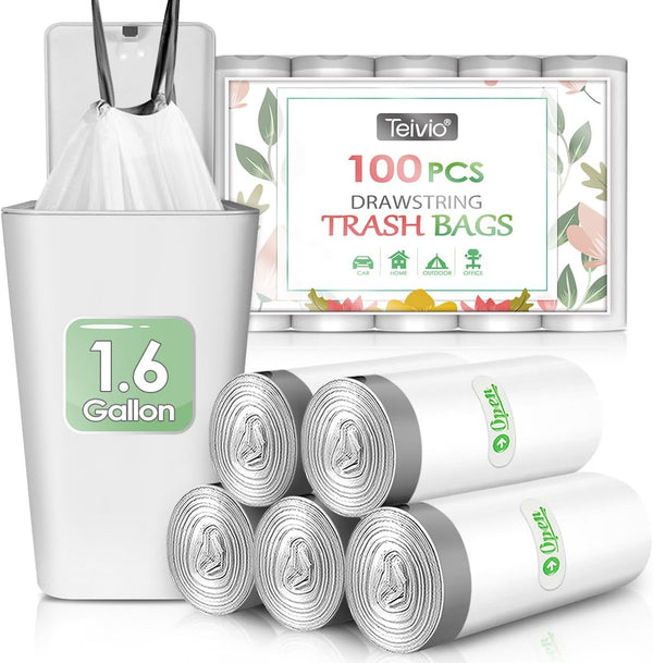 Teivio 1.6 Gallon 100 Count Strong Drawstring Trash Bags, 6 Liter Small Bathroom Bin Liners, White