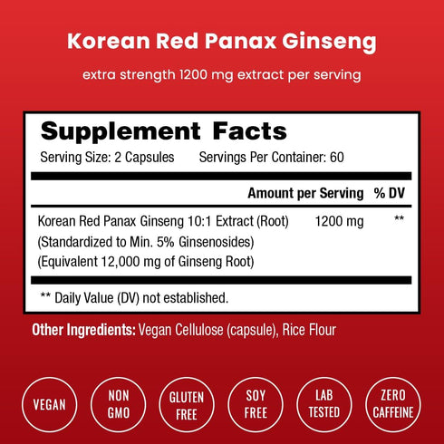 NutraChamps Korean Red Panax Ginseng Capsules - Extra Strength for Energy, Focus, Performance, Vitality, Immune Support