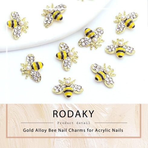 RODAKY 10Pcs Gold Bee Nail Art Charms, 3D Gold Alloy Jewelry Charm for DIY Nail Design Supplies for Women
