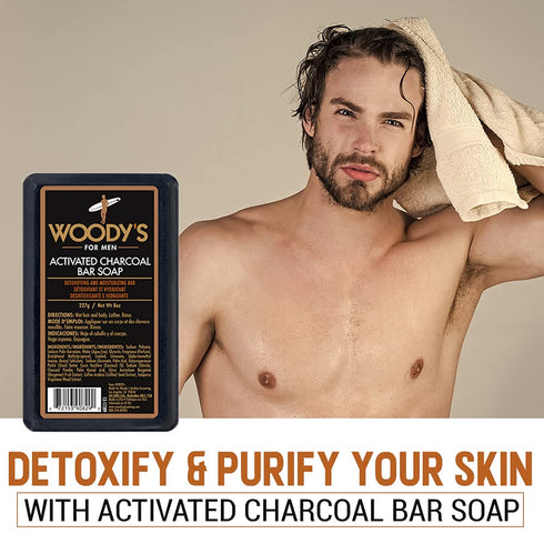 Woody's Activated Charcoal Bar Soap for Men, Detoxifying, Deep Cleansing, 8 oz, Suitable for All Skin Types