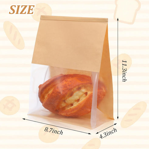 Xaajooio 100 Pack 11.3"x8.7"x4.3" Packaging Large Paper Bread Bags with Tin Tie Tab Lock, Bread Bakery Bags with Clear