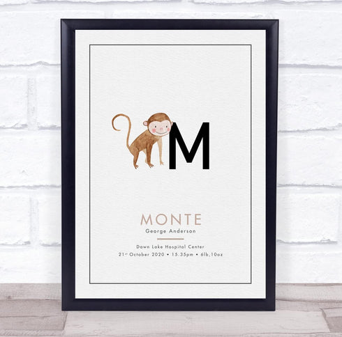 The Card Zoo New Baby Birth Details Christening Nursery Initial M Monkey Keepsake Gift Print