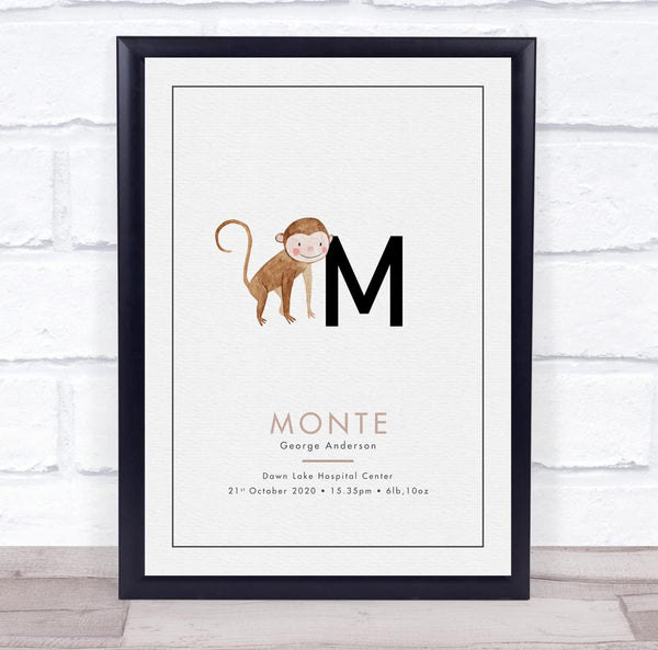 The Card Zoo New Baby Birth Details Christening Nursery Initial M Monkey Keepsake Gift Print